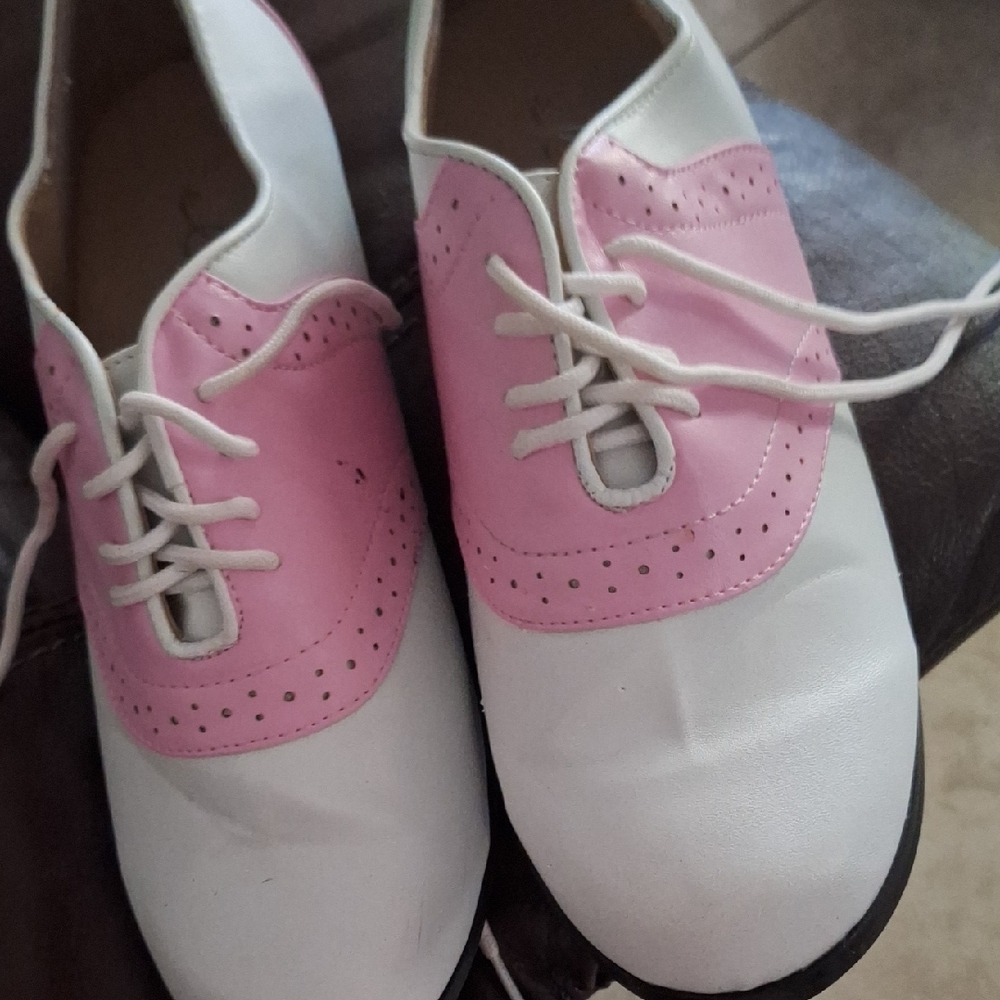 Pink and White Dress Saddle Shoes with Broguing
